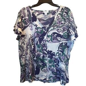 Liz Claiborne‎ Women's Blouse Large V-Neck Paisley Print Ruffled Sleeves Buttons
